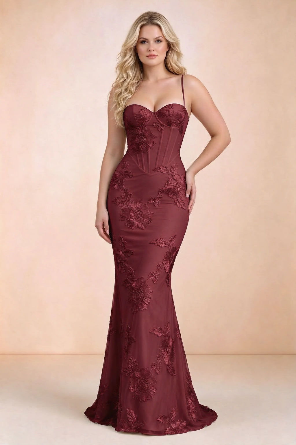 Celine Burgundy Floral Embroidered Corset Mermaid Maxi Dress