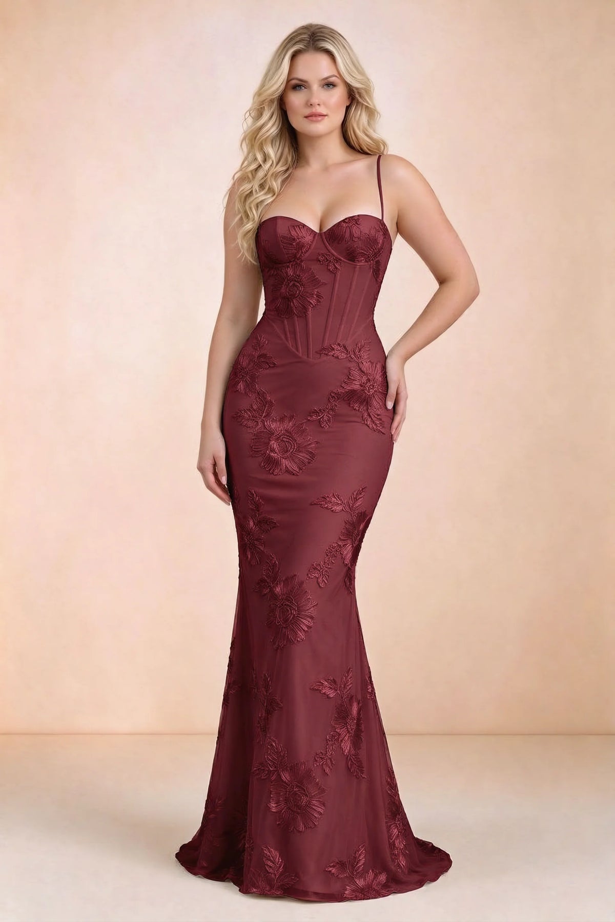 Celine Burgundy Floral Embroidered Corset Mermaid Maxi Dress