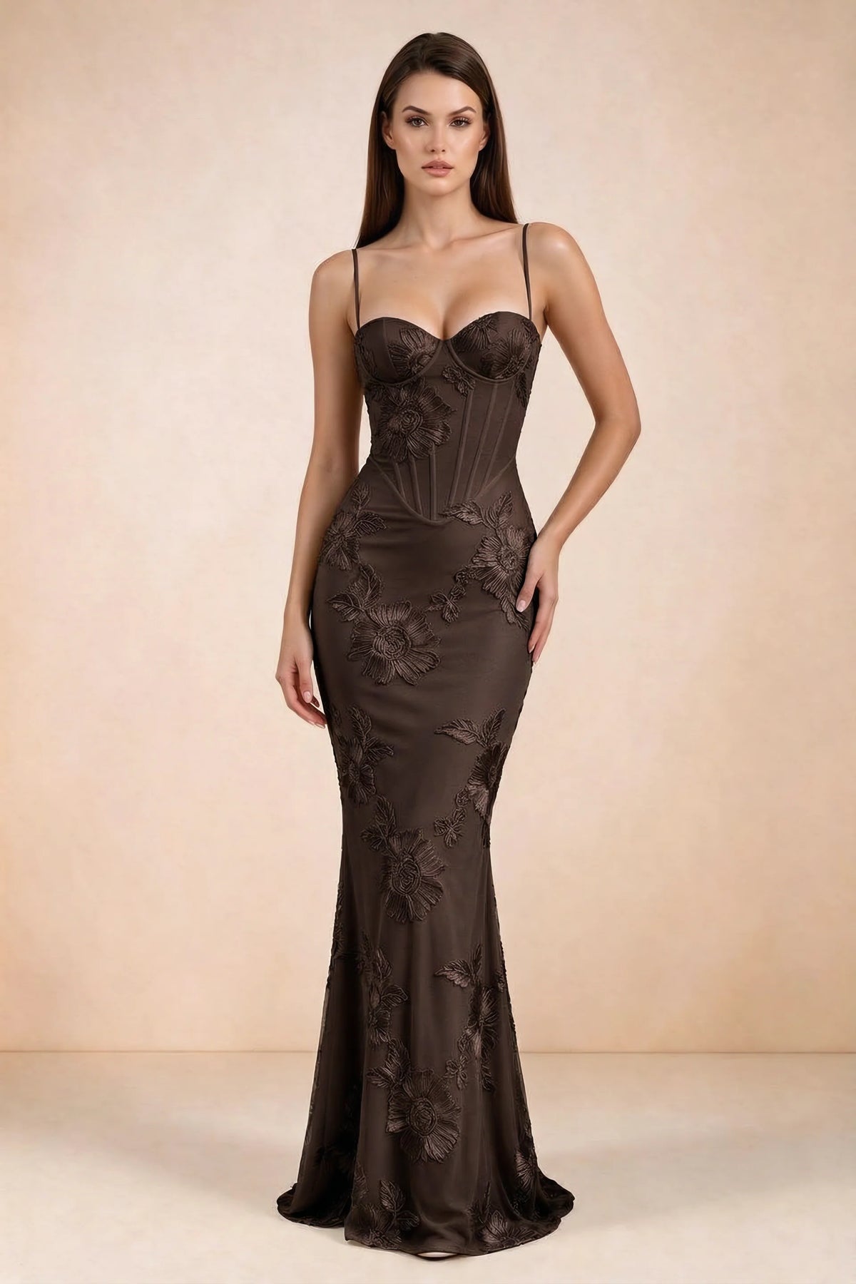 Celine Chocolate Brown Floral Embroidered Corset Mermaid Maxi Dress