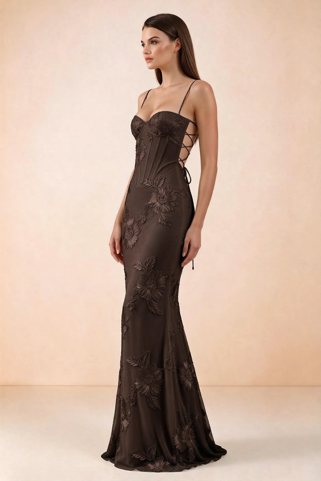 Celine Chocolate Brown Floral Embroidered Corset Mermaid Maxi Dress