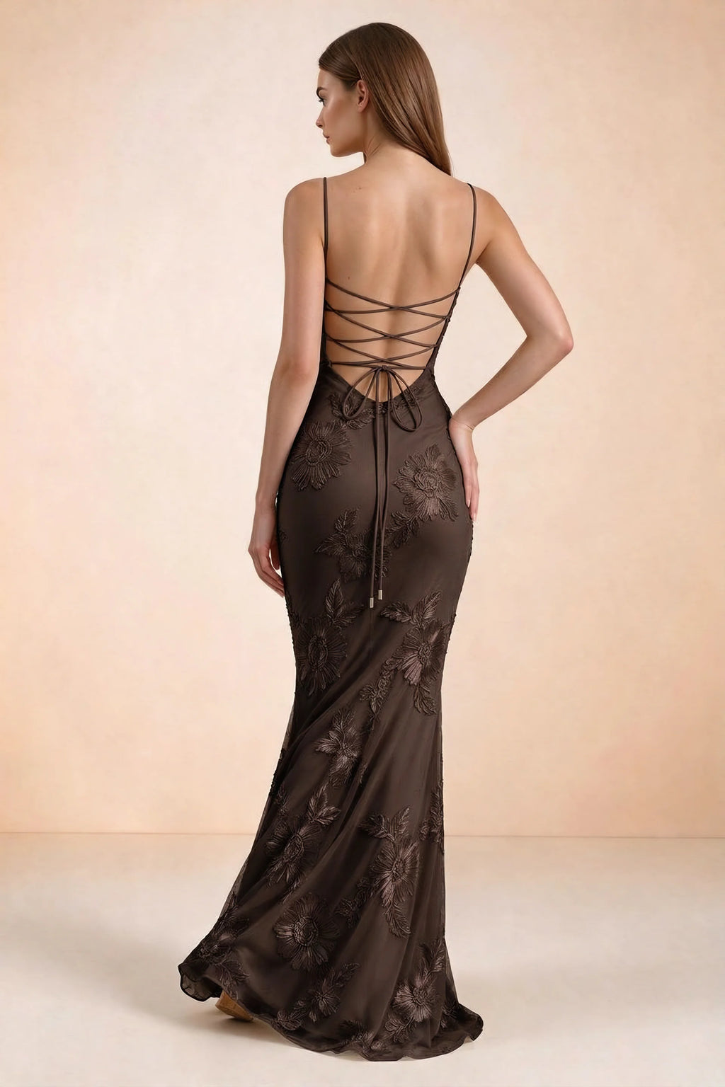 Celine Chocolate Brown Floral Embroidered Corset Mermaid Maxi Dress