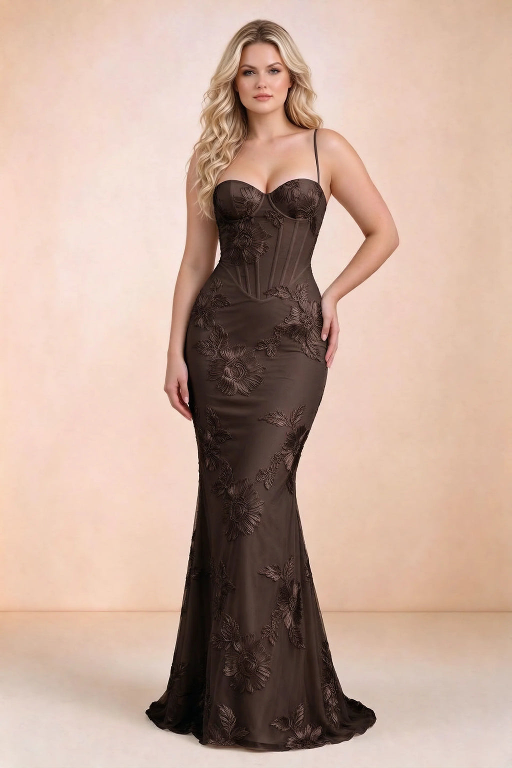 Celine Chocolate Brown Floral Embroidered Corset Mermaid Maxi Dress