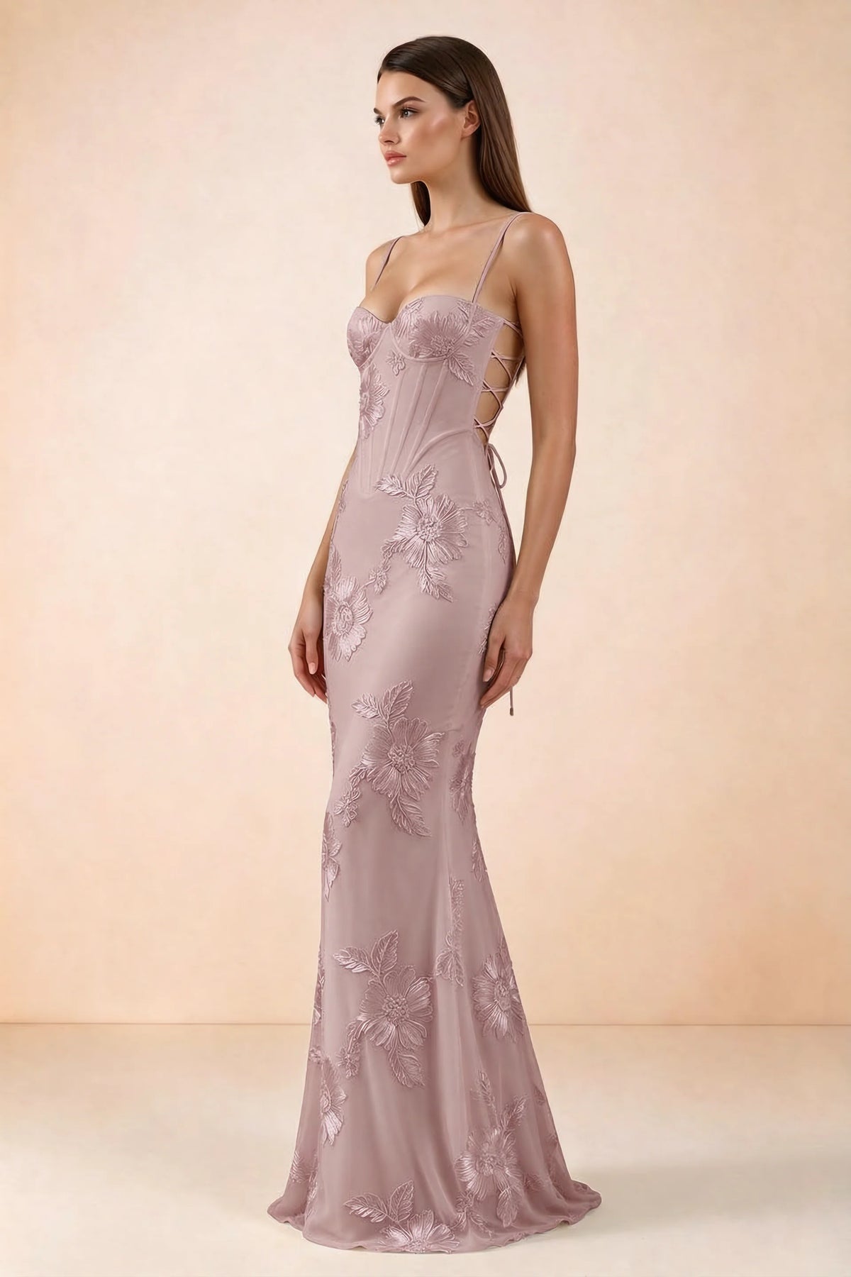 Celine Dusty Lilac Floral Embroidered Corset Mermaid Maxi Dress