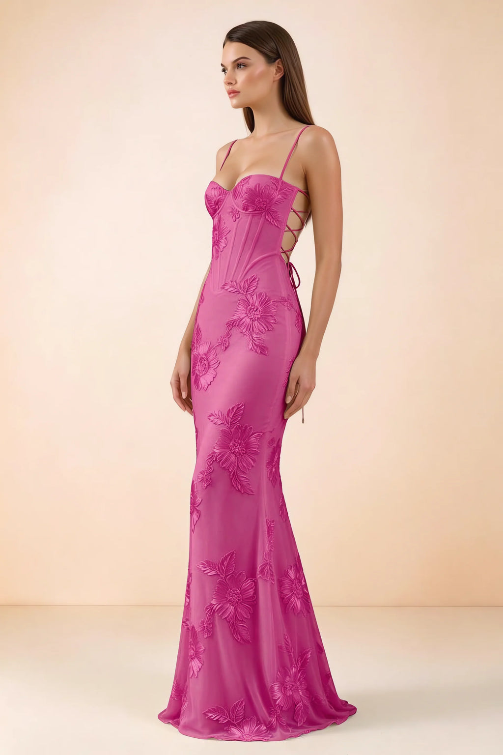 Celine Fuchsia Floral Embroidered Corset Mermaid Maxi Dress