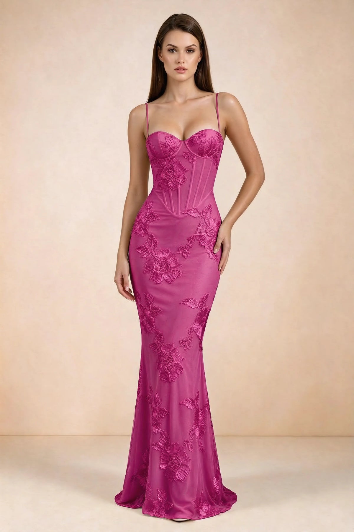 Celine Fuchsia Floral Embroidered Corset Mermaid Maxi Dress