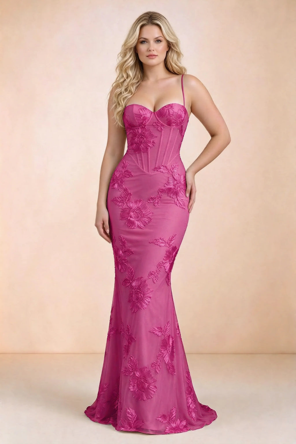 Celine Fuchsia Floral Embroidered Corset Mermaid Maxi Dress