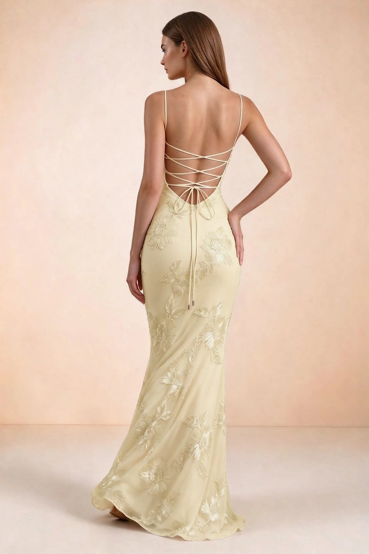 Vestido largo de sirena Celine con corsé bordado de limones y flores