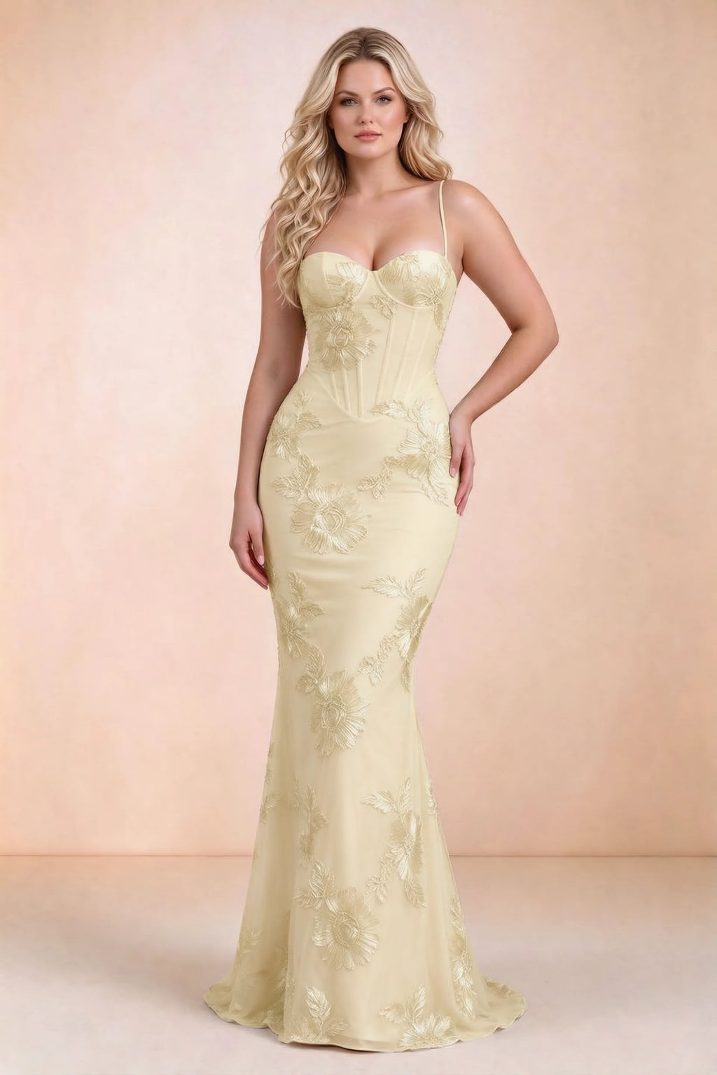 Vestido largo de sirena Celine con corsé bordado de limones y flores