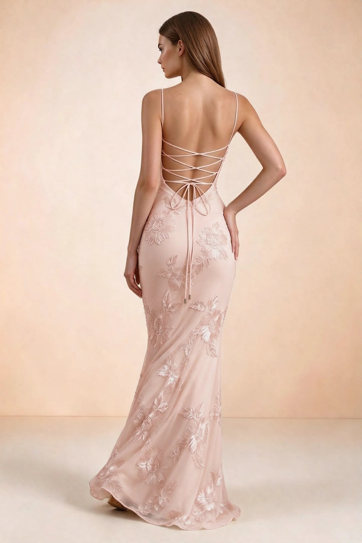 Vestido largo de sirena Celine rosa claro con corsé y bordado floral