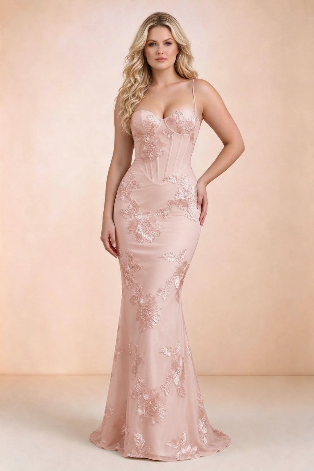 Vestido largo de sirena Celine rosa claro con corsé y bordado floral