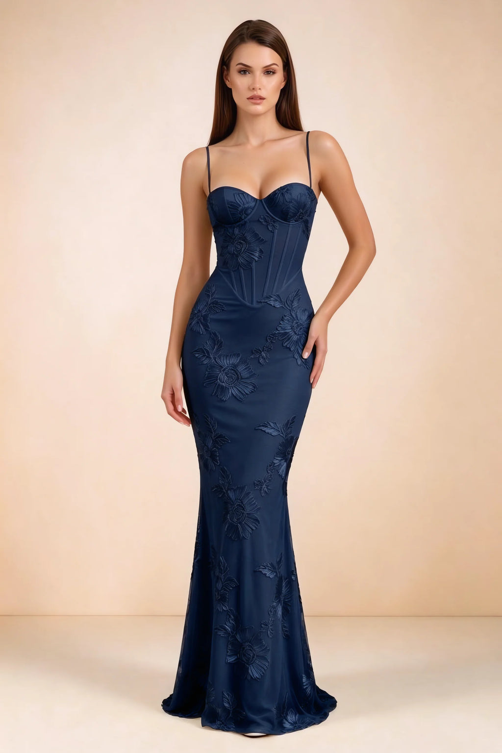 Celine Navy Floral Embroidered Corset Mermaid Maxi Dress