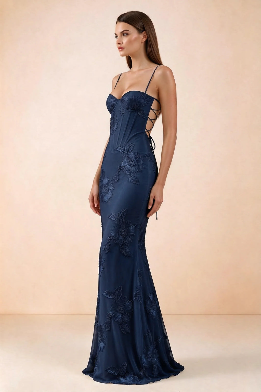 Celine Navy Floral Embroidered Corset Mermaid Maxi Dress