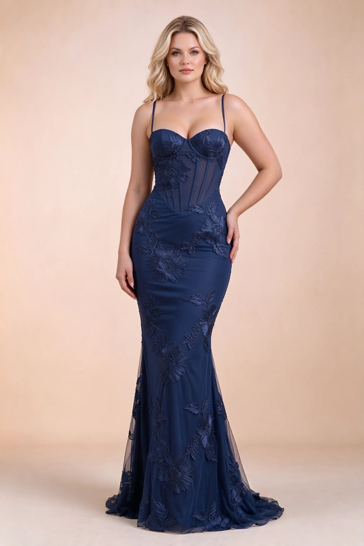 Celine Navy Floral Embroidered Corset Mermaid Maxi Dress