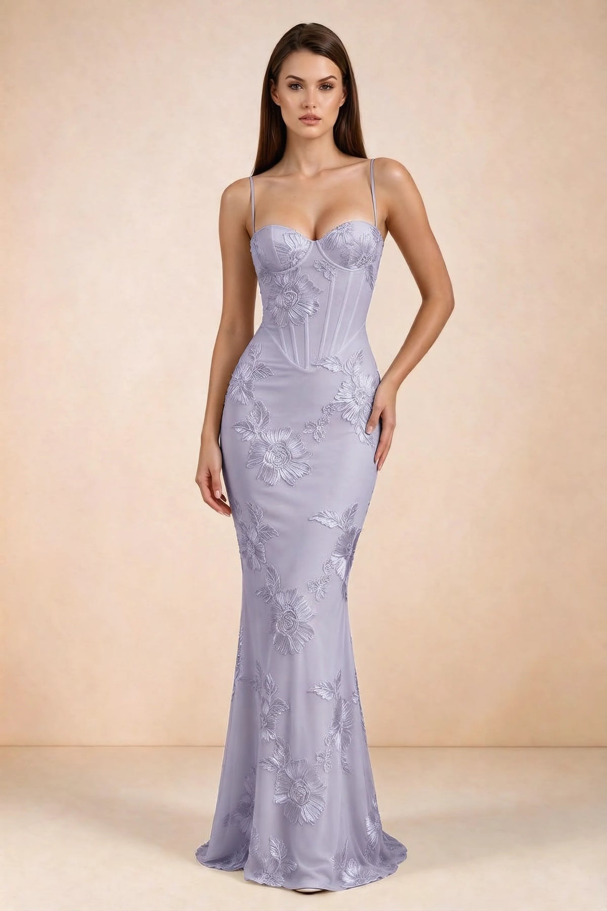 Celine Pale Purple Floral Embroidered Corset Mermaid Maxi Dress