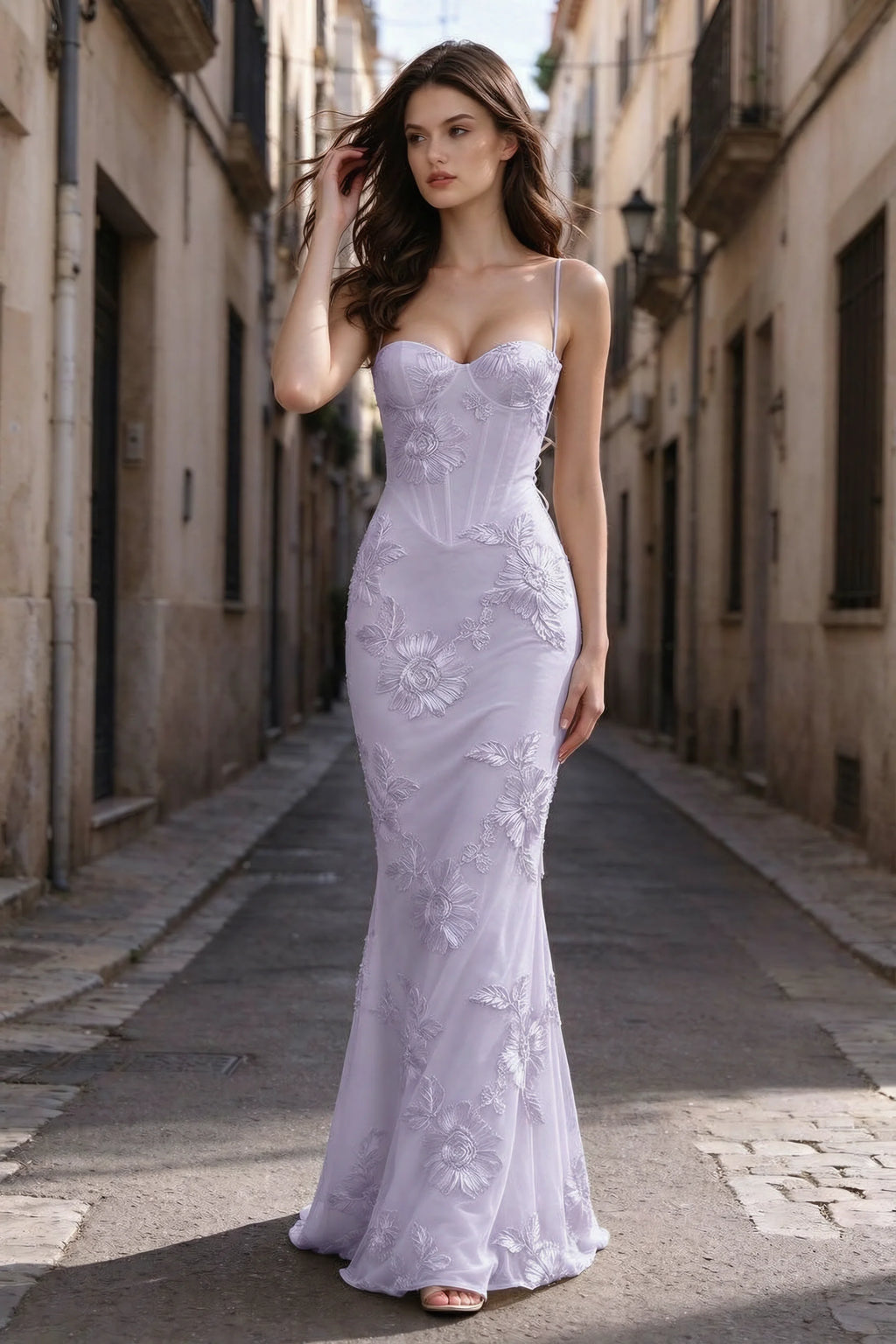 Celine Pale Purple Floral Embroidered Corset Mermaid Maxi Dress