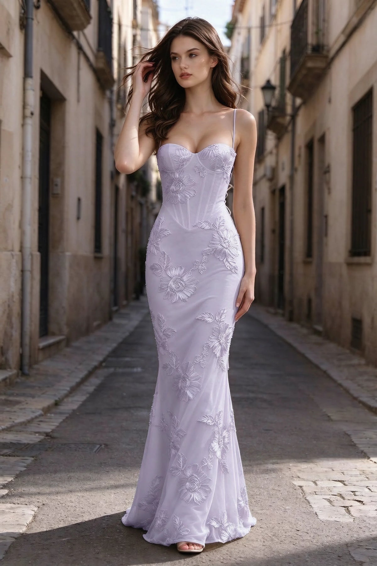 Celine Pale Purple Floral Embroidered Corset Mermaid Maxi Dress
