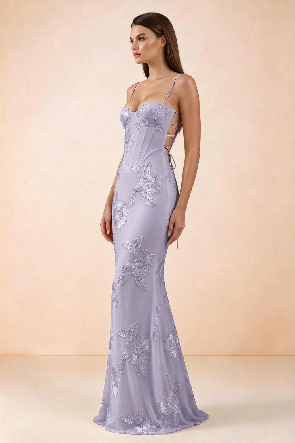 Celine Pale Purple Floral Embroidered Corset Mermaid Maxi Dress
