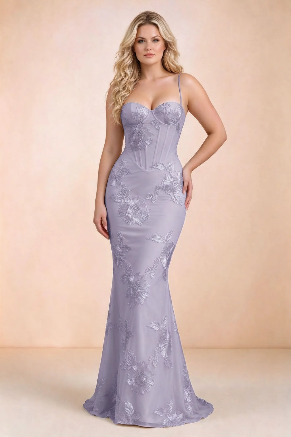 Celine Pale Purple Floral Embroidered Corset Mermaid Maxi Dress