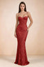 Vestido largo de sirena Celine rojo con corsé y bordado floral
