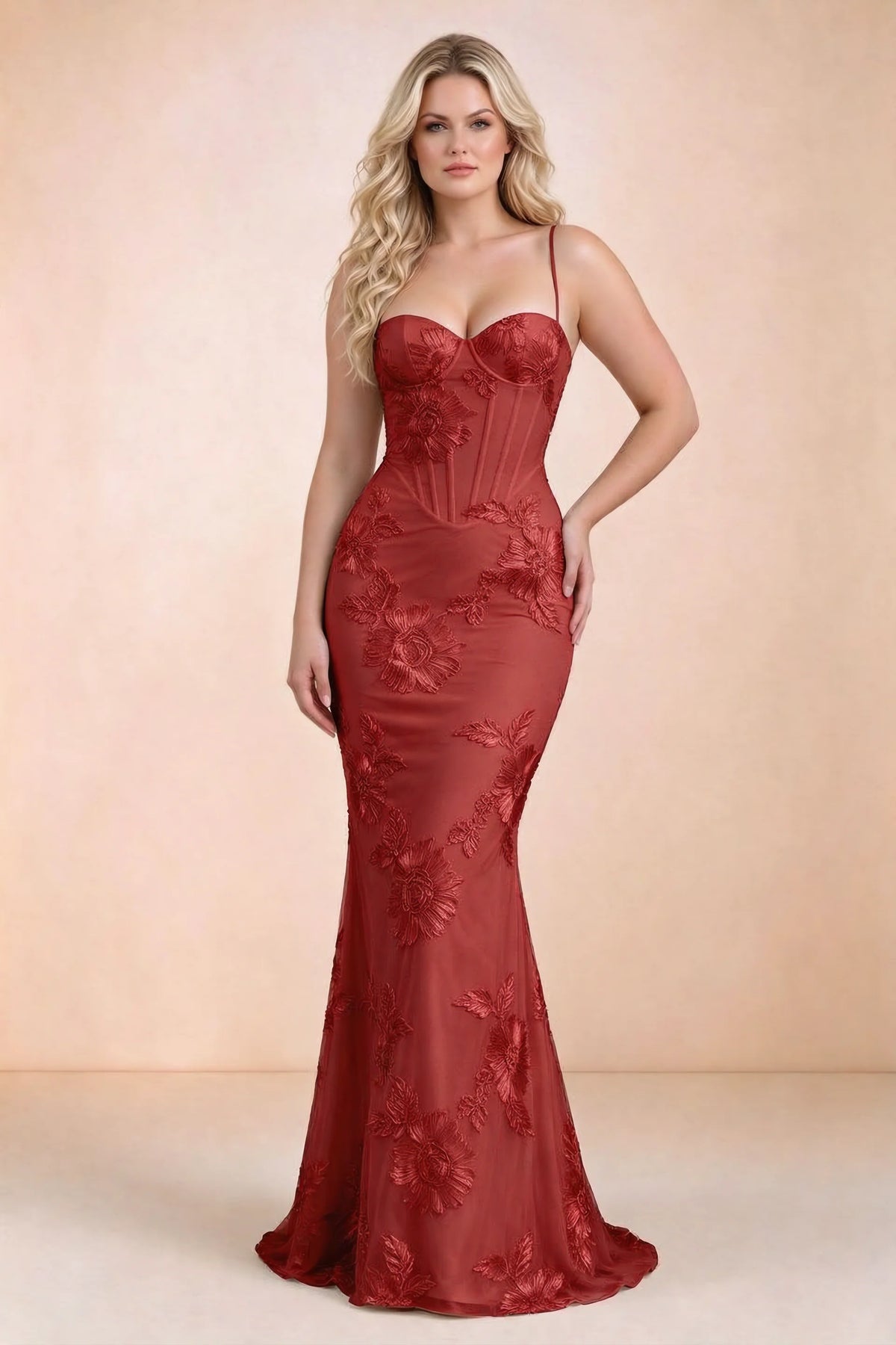 Vestido largo de sirena Celine rojo con corsé y bordado floral