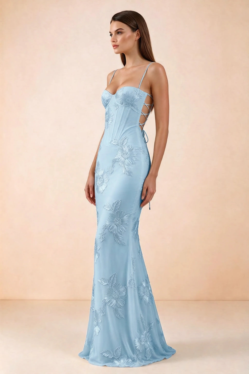 Vestido largo de sirena Celine azul cielo con corsé y bordado floral