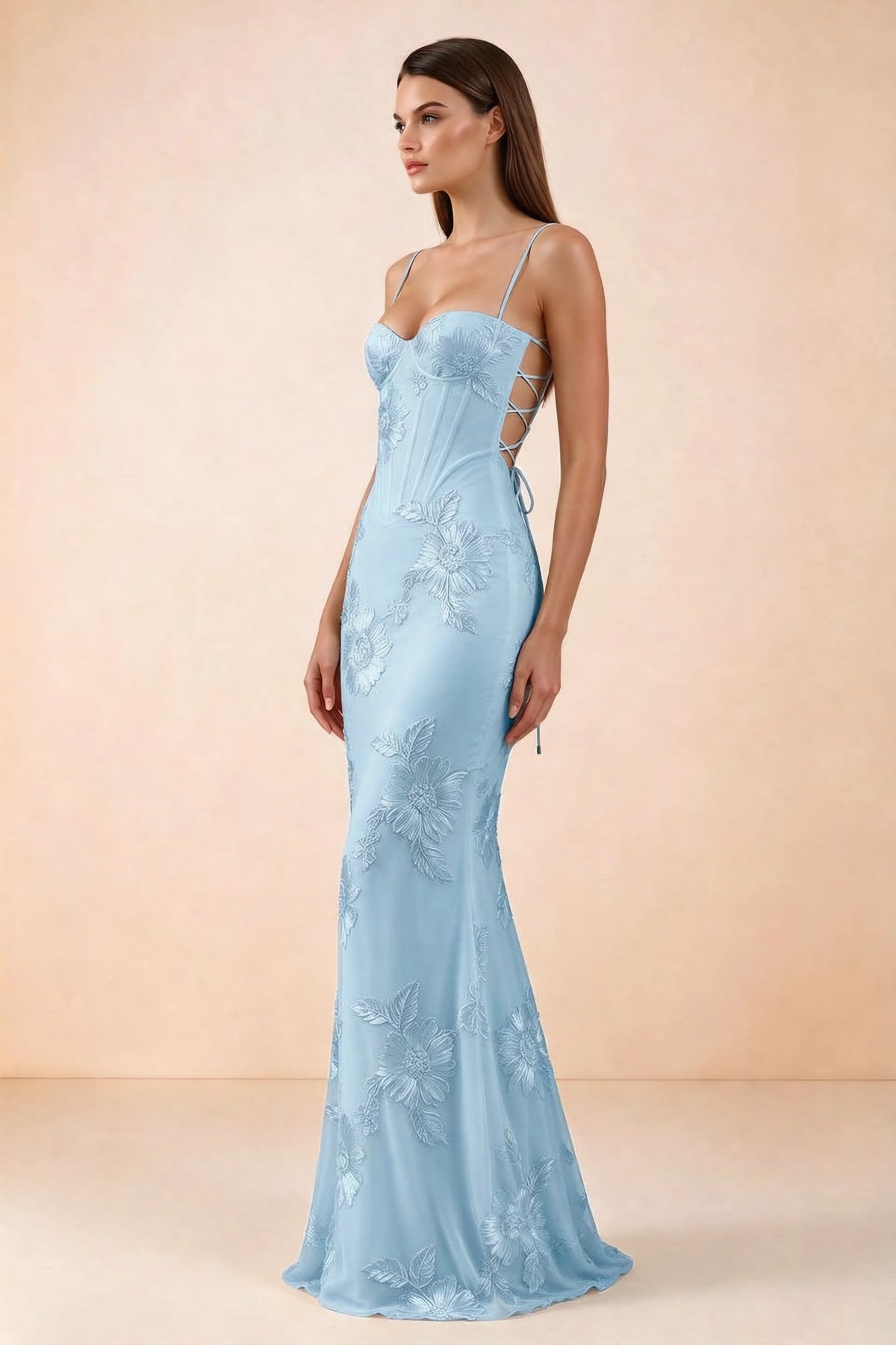 Vestido largo de sirena Celine azul cielo con corsé y bordado floral