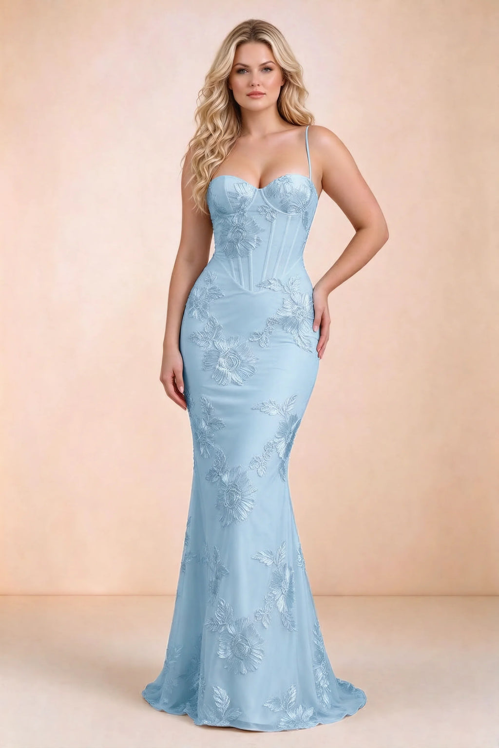 Vestido largo de sirena Celine azul cielo con corsé y bordado floral