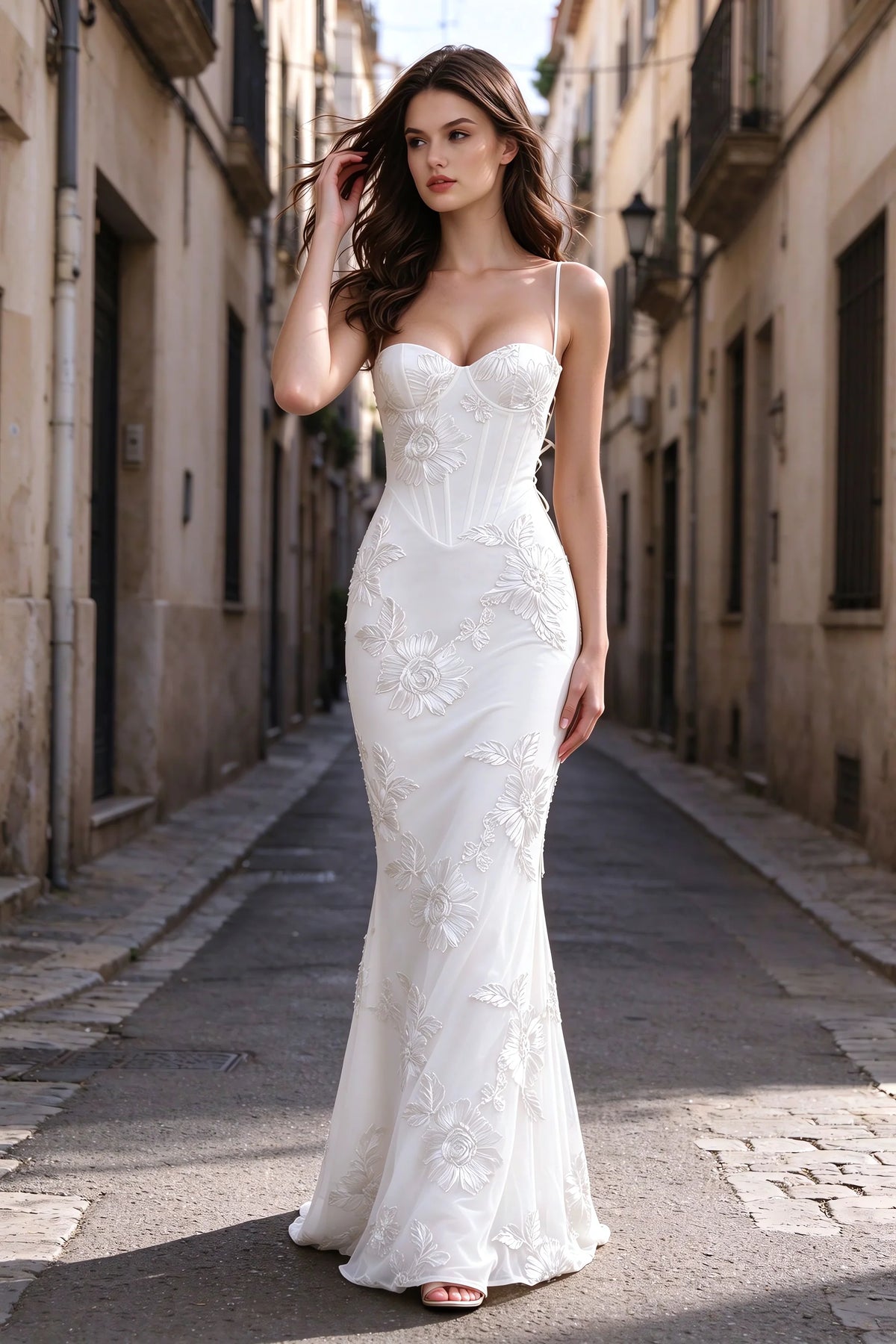 Vestido largo de sirena Celine blanco con corsé y bordado floral