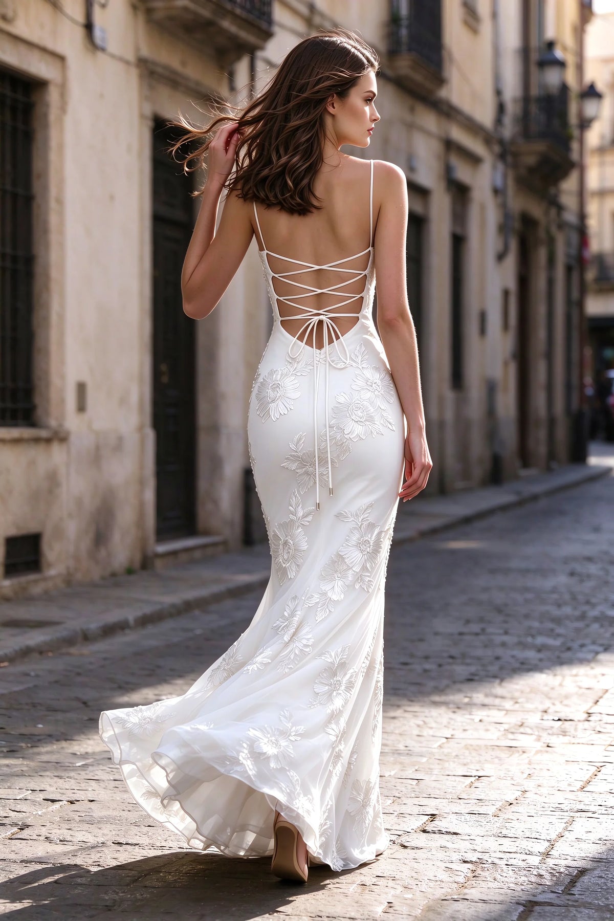 Vestido largo de sirena Celine blanco con corsé y bordado floral