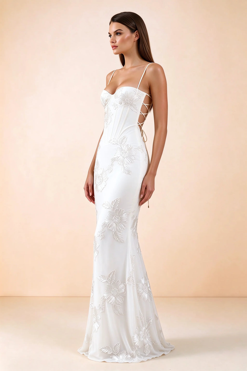 Vestido largo de sirena Celine blanco con corsé y bordado floral
