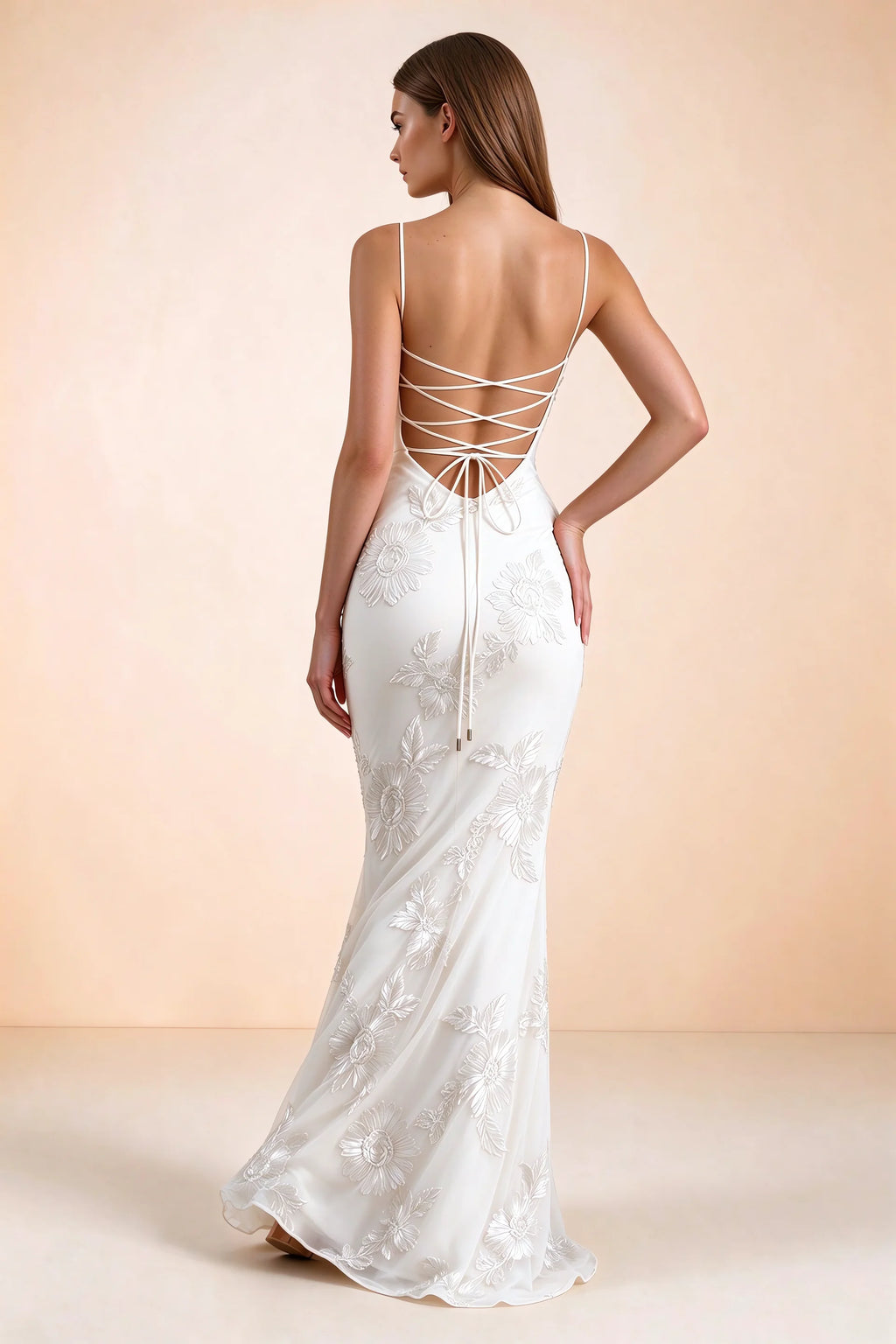 Vestido largo de sirena Celine blanco con corsé y bordado floral