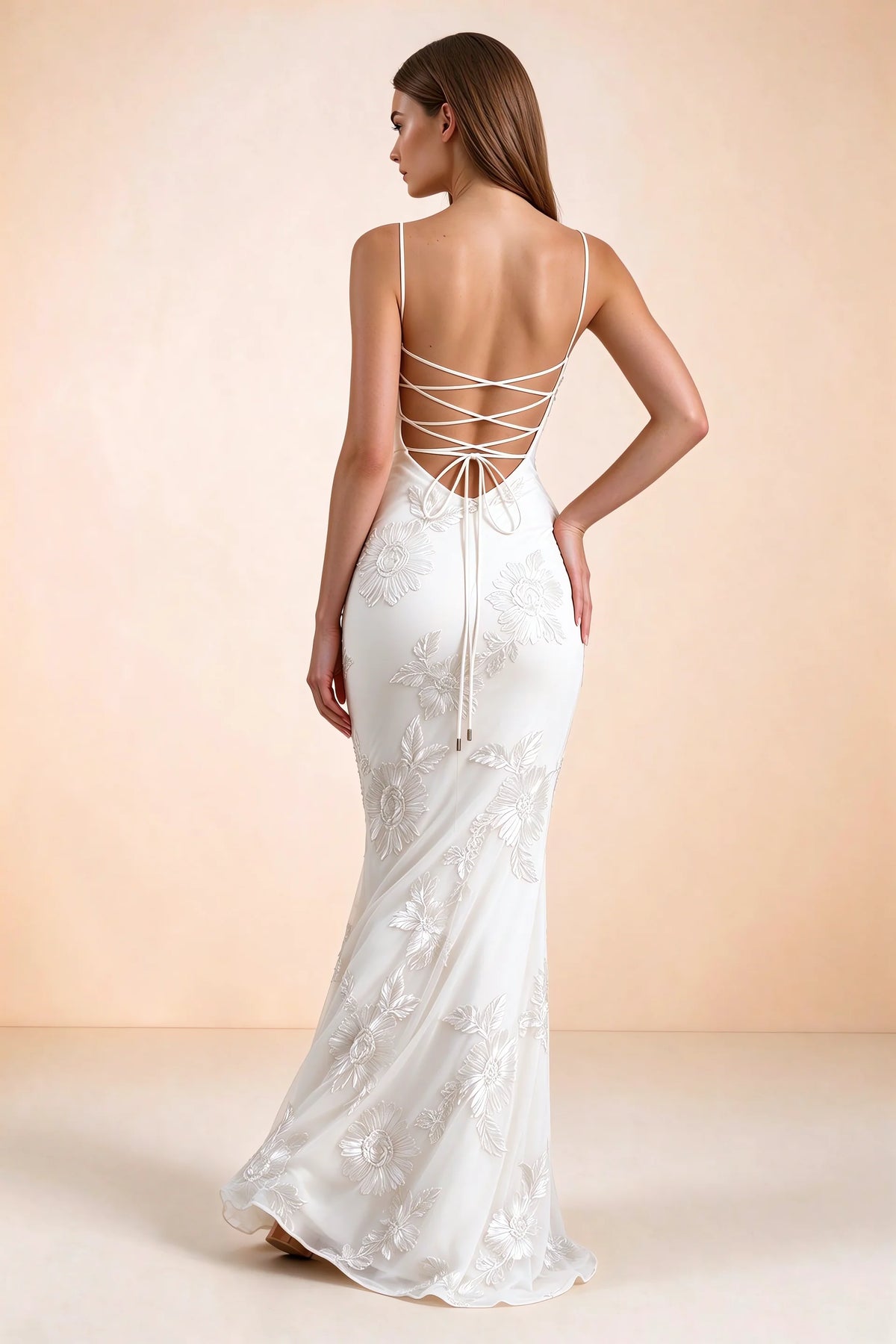 Vestido largo de sirena Celine blanco con corsé y bordado floral