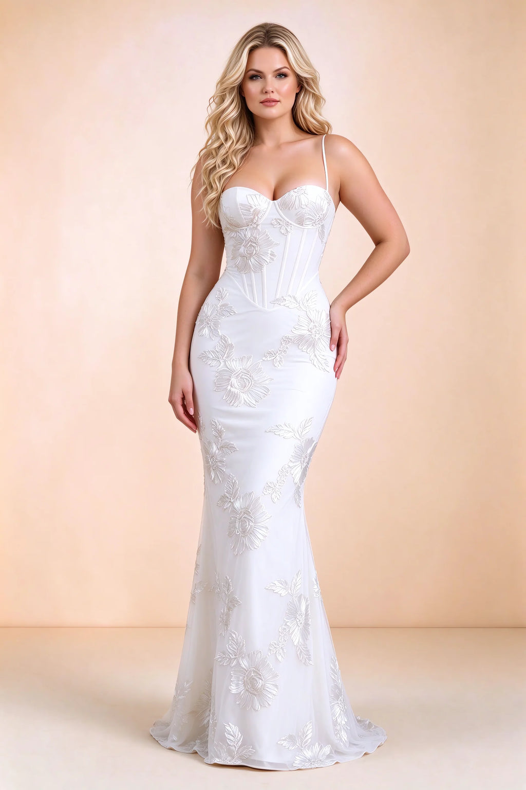 Vestido largo de sirena Celine blanco con corsé y bordado floral