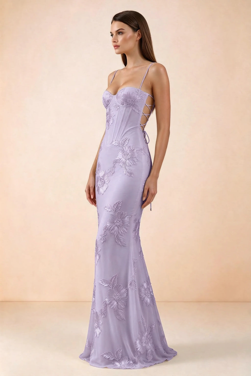 Celine Wisteria Floral Embroidered Corset Mermaid Maxi Dress