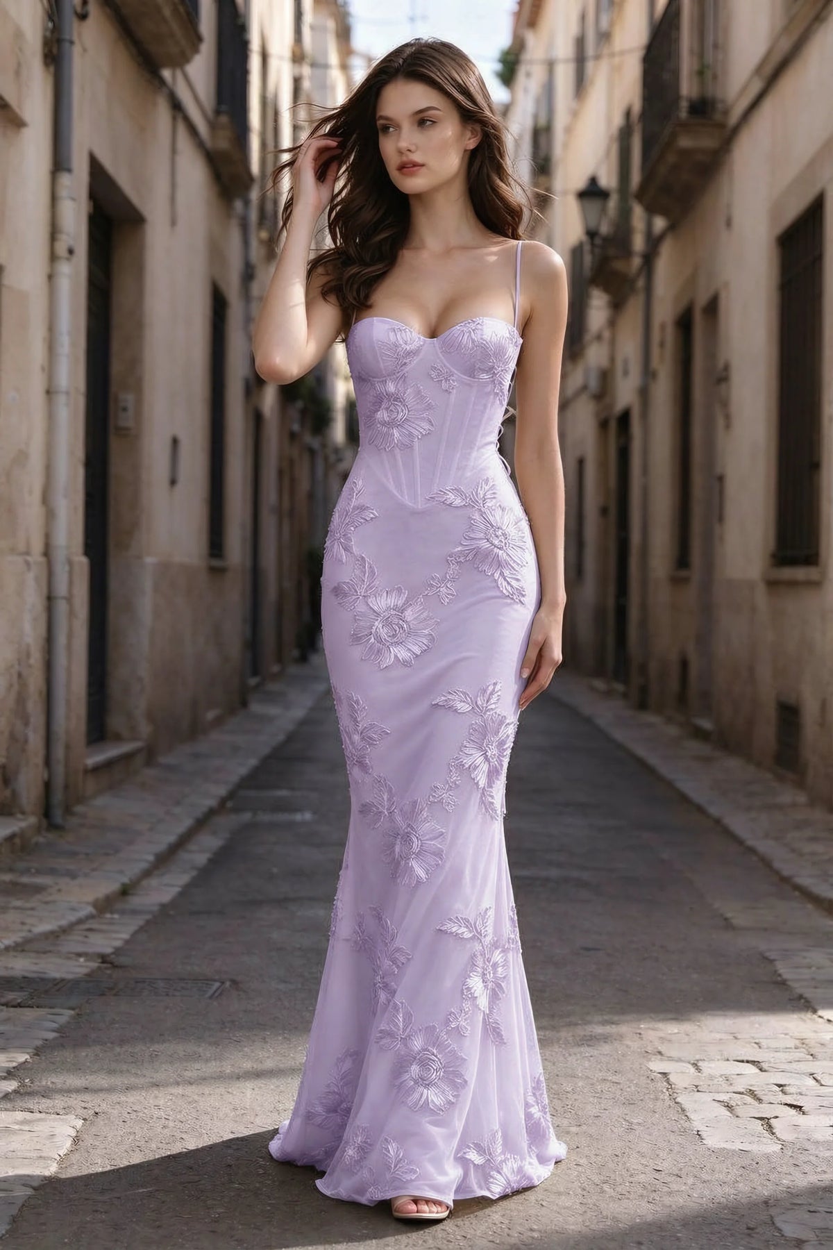 Celine Wisteria Floral Embroidered Corset Mermaid Maxi Dress