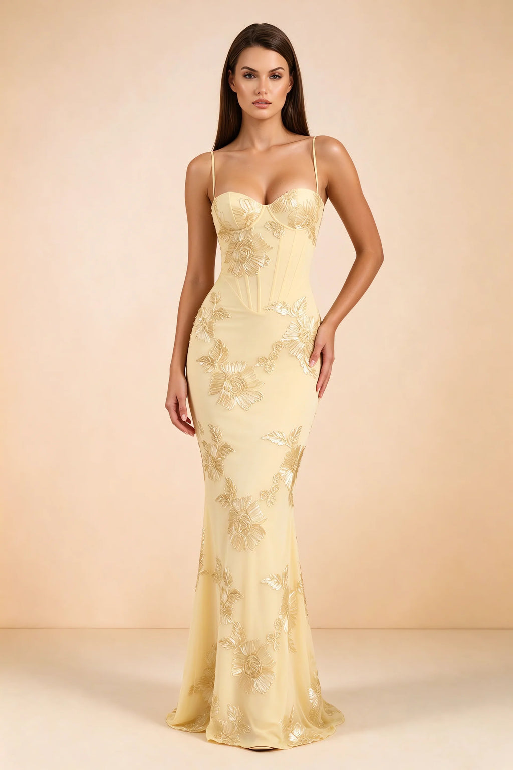 Celine Yellow Floral Embroidered Corset Mermaid Maxi Dress