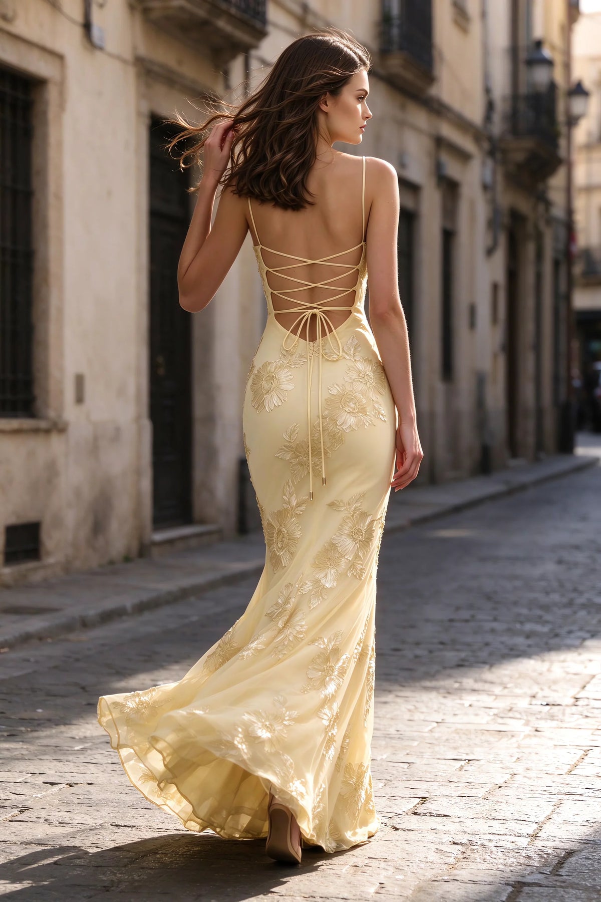 Celine Yellow Floral Embroidered Corset Mermaid Maxi Dress