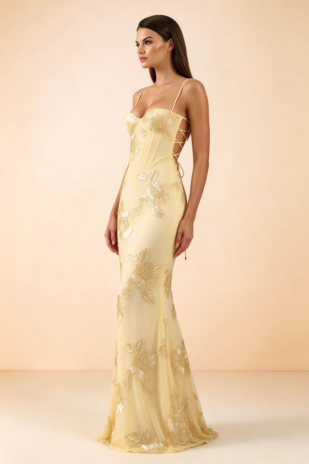 Celine Yellow Floral Embroidered Corset Mermaid Maxi Dress