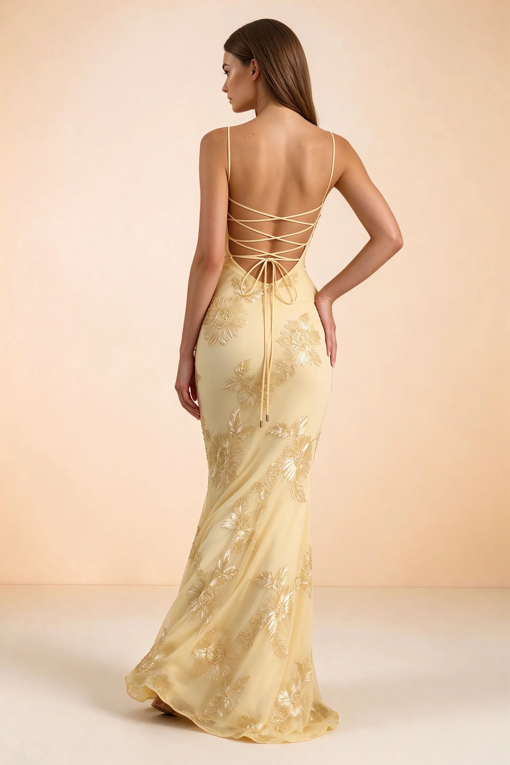 Celine Yellow Floral Embroidered Corset Mermaid Maxi Dress