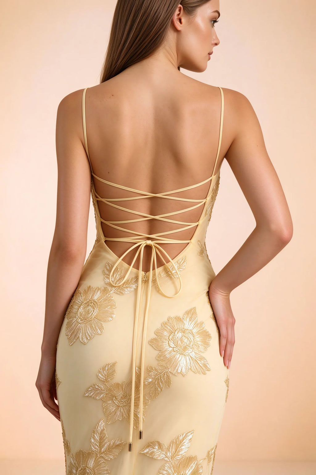 Celine Yellow Floral Embroidered Corset Mermaid Maxi Dress
