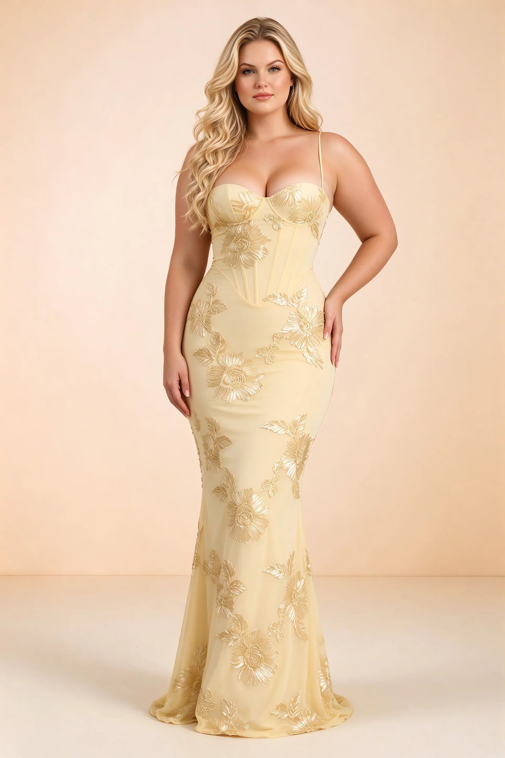 Celine Yellow Floral Embroidered Corset Mermaid Maxi Dress
