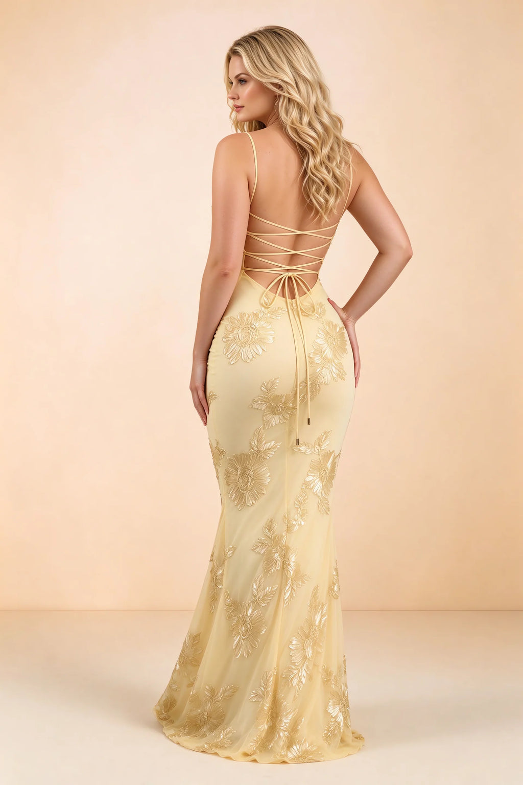 Celine Yellow Floral Embroidered Corset Mermaid Maxi Dress
