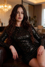 Charlotte Black Sequin Long Sleeve Mini Dress with High Neck