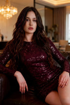 Customer Wearing LVLVS Charlotte Burgundy Sequin Long Sleeve Mini Dress Home Casual Evening Gathering