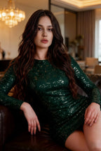 Customer photo of LVLVS Charlotte emerald green sequin dress, real life fit and style in a luxury lounge setting for Classy events