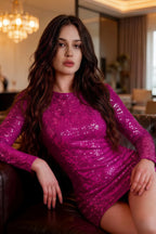 Customer photo of the LVLVS Charlotte fuschia sequin long sleeve mini dress, showcasing its comfortable fit and shiny texture for a casual brunch or dinner date.