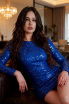 Customer photo of the LVLVS Charlotte royal blue sequin dress showcasing a relaxed fit and long sleeves, ideal for brunch dates and casual homecoming events.