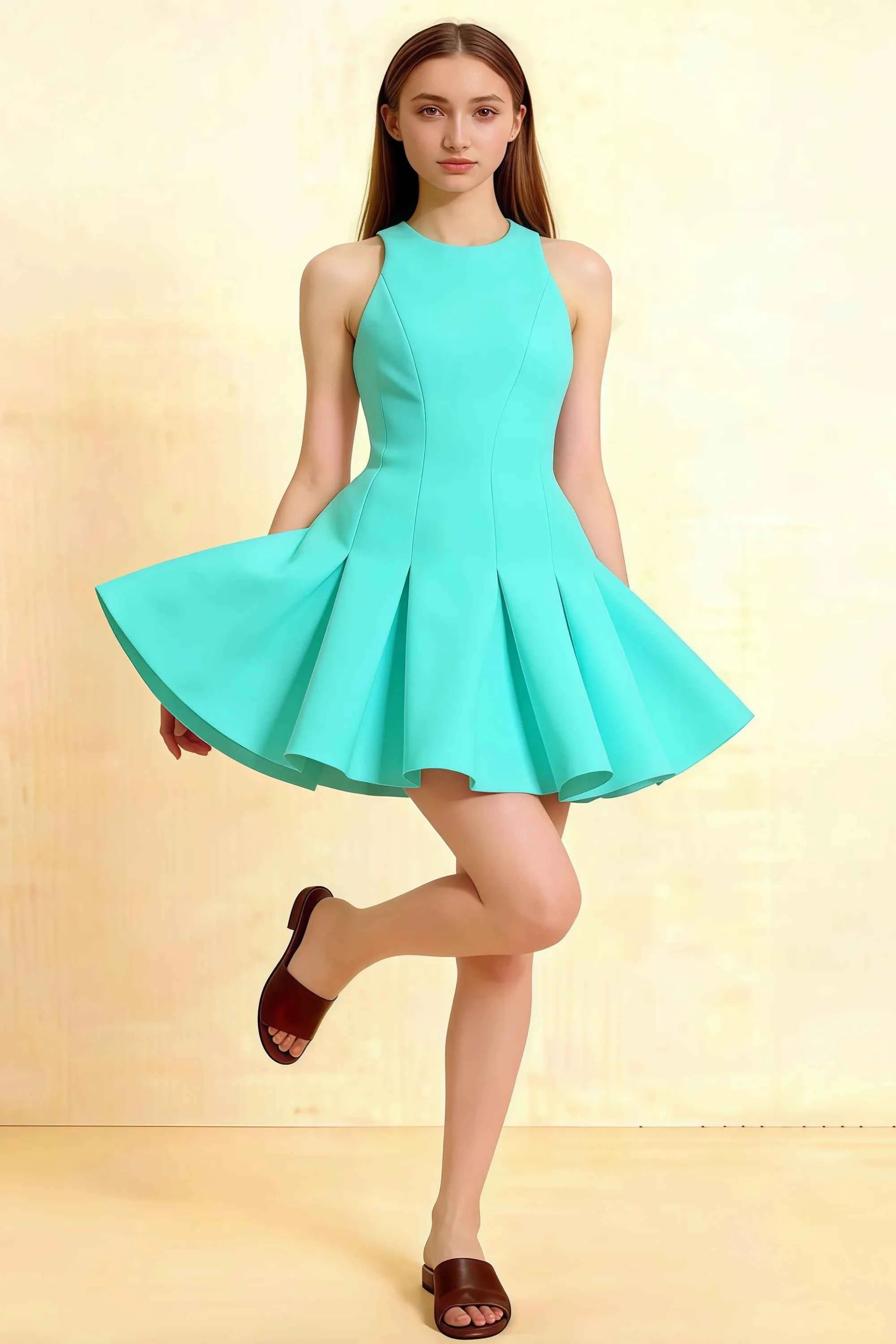 Cheryl aqua round neck sleeveless skater mini dress in crepe - front flared skirt studio shot Imagen principal del producto