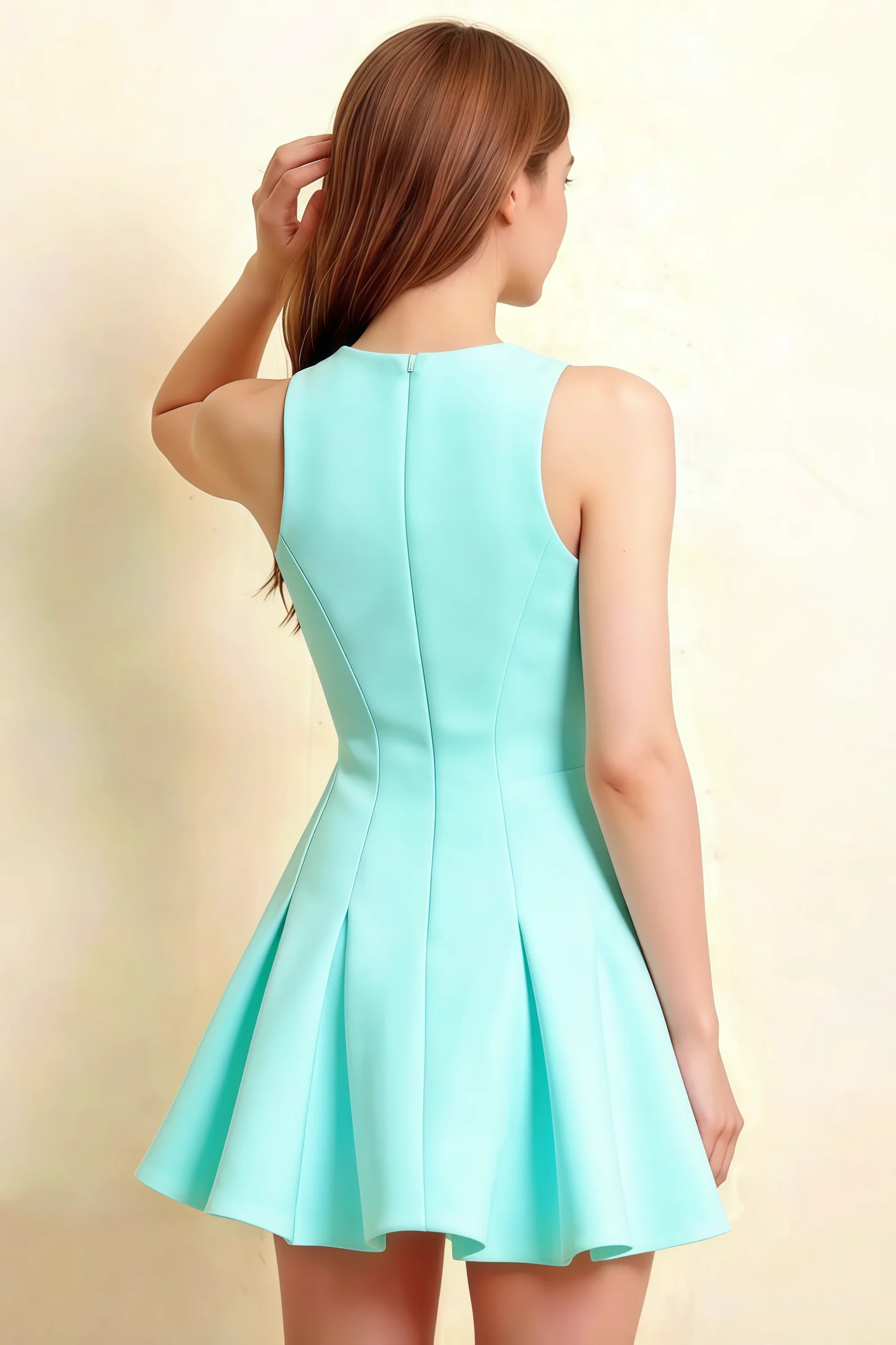 Cheryl aqua round neck sleeveless skater mini dress back zipper crepe texture studio shot