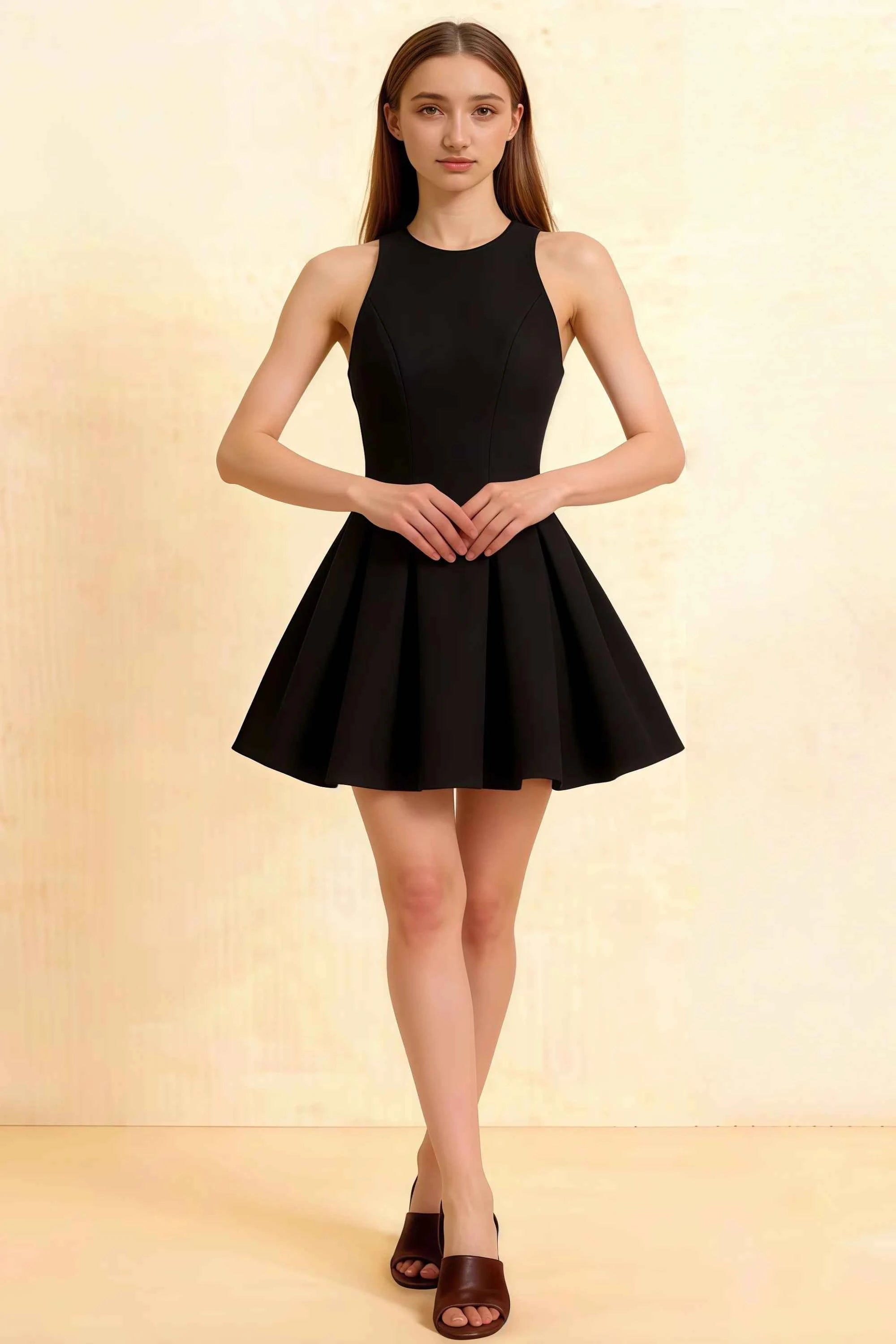 Black Cheryl dress in crepe fabric, round neck sleeveless skater mini dress perfect for semi-formal events and homecoming, front view studio shot Imagen principal del producto